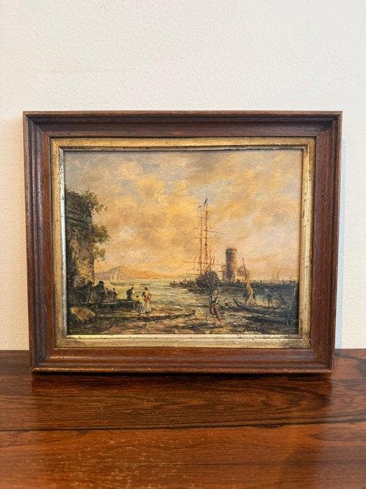 Europese school (XIX) - Harbor Scene with Sailing Ship, Antiek en Kunst, Kunst | Schilderijen | Klassiek