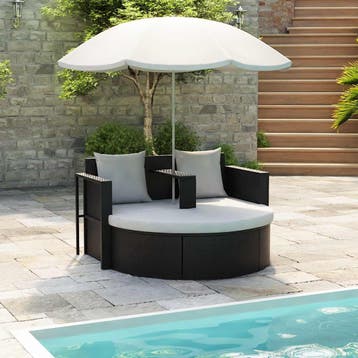 vidaXL Tuinbed met parasol poly rattan zwart, Verzenden