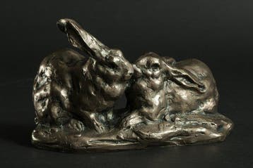 Two Rabbits Nickel Silver Sculpture “Dozing” by Seibo
