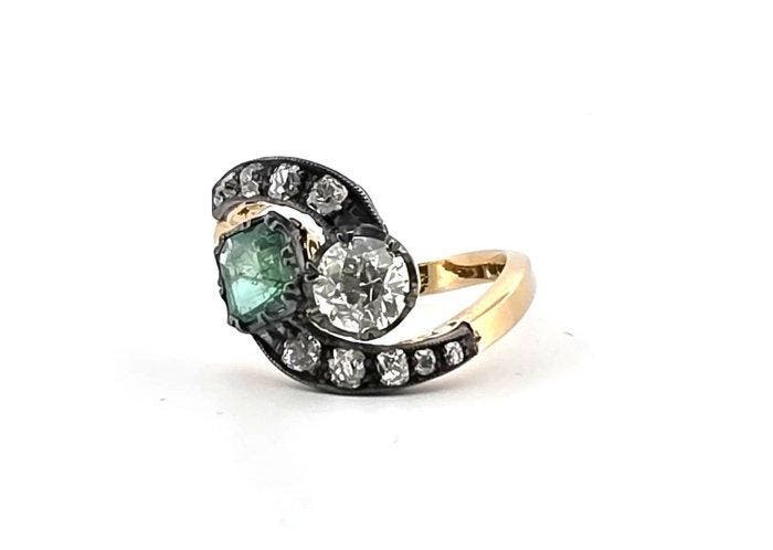 Ring - 18 karaat Geel goud, Zilver Smaragd - Diamant, Bijoux, Sacs & Beauté, Bagues