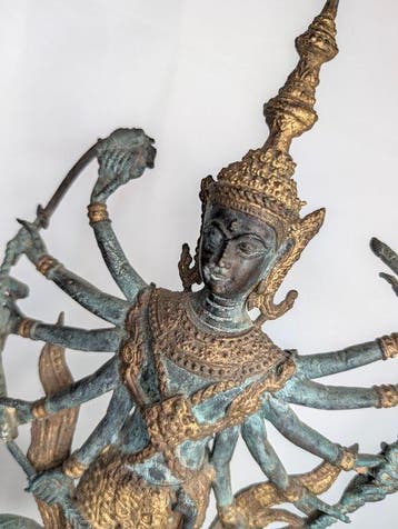 Shiva Maheshvara op Nandi – tienarmig – Bronzen, gepatineerd, Antiek en Kunst