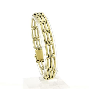 Gouden fantasieschakel armband; 19,5 cm (Schakelarmband), Ophalen of Verzenden