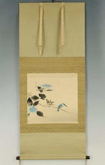 Kingfisher and Hydrangeas with Original Box (Tomobako) -