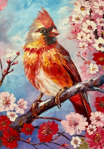 Yuni R. P 73 x 106 cm - Contraste Alado: Ave Azul y Cardenal