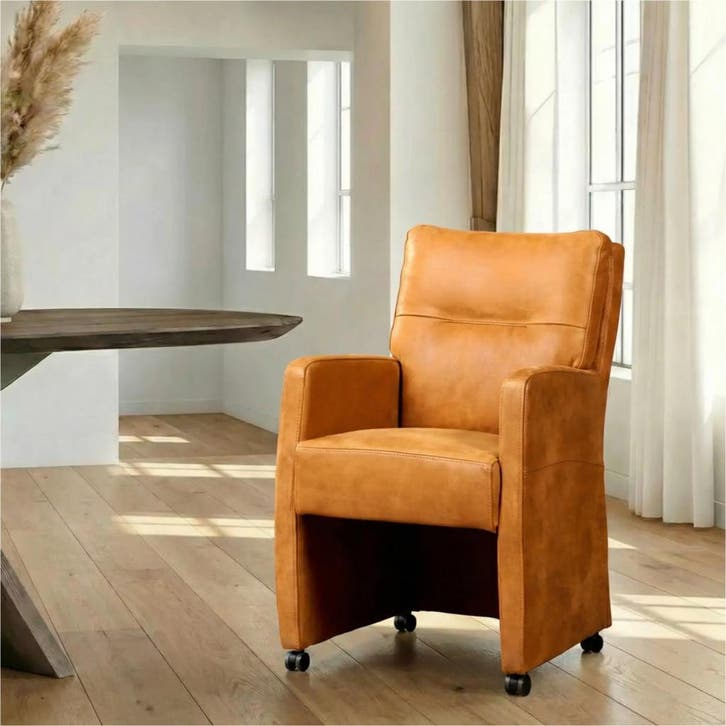 Leren eetkamerstoel Sharp - Kenia Cognac (cognac) - Met, Huis en Inrichting, Stoelen, Bruin, Nieuw, Leer, Ophalen of Verzenden