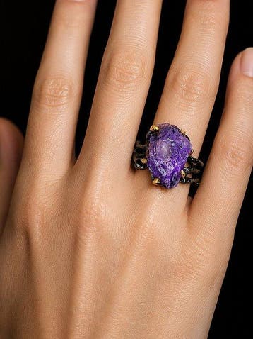 Ruwe amethist ring - 925 sterlingzilver - zwart rhodium