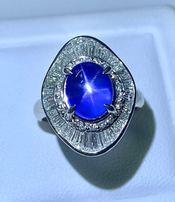 Ring Platina - 6.53ct. tw. Stersaffier - Diamant -, Bijoux, Sacs & Beauté, Bagues