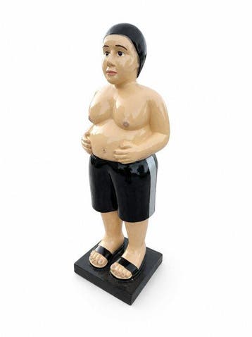 Beeld, old fat man in swimming black shorts - 80 cm -