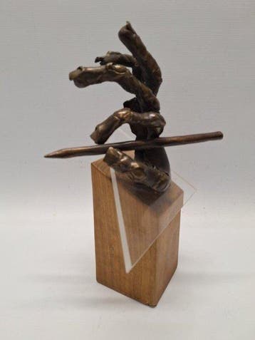 sculptuur, Uniek bronzen kunstwerk hand met pen op sokkel -, Antiek en Kunst