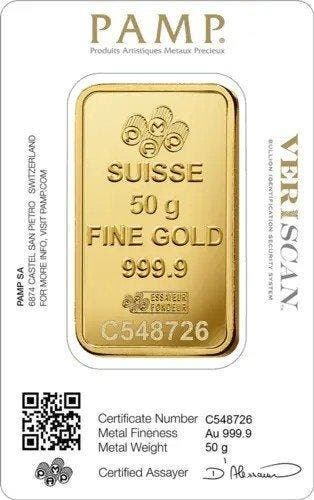 50 gram - Goud .999 - PAMP - Verzegeld en met certificaat, Timbres & Monnaies, Métaux nobles & Lingots
