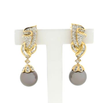 Gouden oorstekers met Tahiti parel en diamanten; 1,36 ct., Ophalen of Verzenden