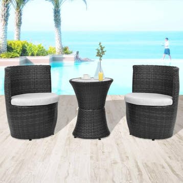 vidaXL 3-delige Bistroset met kussens poly rattan zwart, Tuin en Terras, Tuinsets en Loungesets, Verzenden, Nieuw