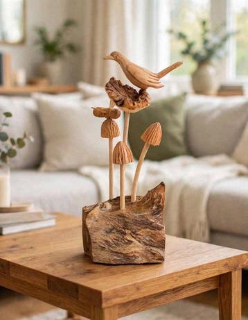 sculptuur, Hand-Carved Wooden Nature Sculpture - Bird and