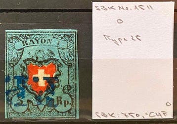 Zwitserland - 1850 „Rayon I“ 5 Rp. gebruikt/gestempeld, SBK