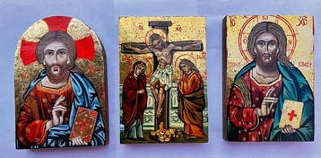 Icoon - Set van 3 handgeschilderde iconen - Hout