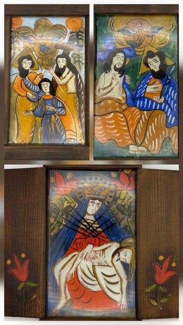 Lotto van 3 iconen – Drieluik onder glas – Volkskunst van