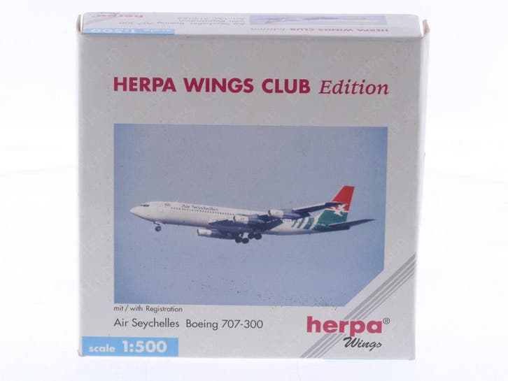 Schaal 1:500 Herpa 512053 Boeing 707-300 Air Seychelles H..., Hobby en Vrije tijd, Modelbouw | Vliegtuigen en Helikopters, Zo goed als nieuw