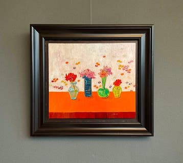 Ina van der Wateren (1946) - Geraniums op oranje tafel 1,