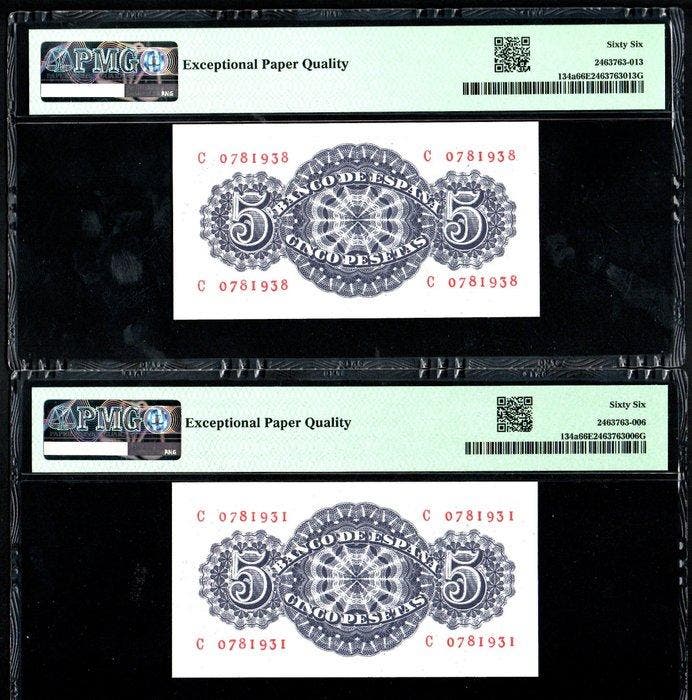Spanje. - 2 x 5 Pesetas - 1947 - Pick 134a, Timbres & Monnaies, Billets de banque | Europe | Billets non-euro
