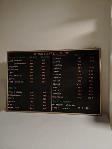 Panneau - Bar - Liste des prix - Italie des années 1970 -