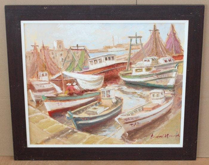 Francisco Carbonell Massabé (1928) - Barcas en reposo, Antiquités & Art, Art | Peinture | Classique