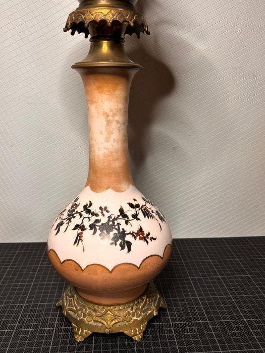 Olielamp - Verguld messing, Opaline glas - Handgeschilderde, Antiek en Kunst, Curiosa en Brocante