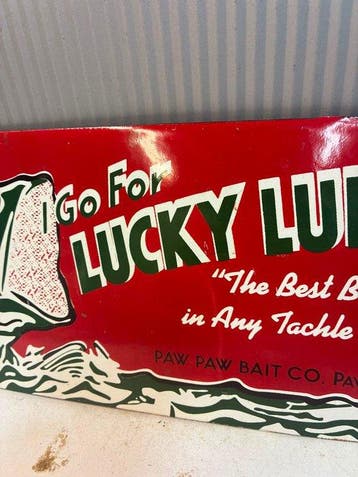 Lucky Lures – Paw Paw Bait Co. – Emaille reclamebord –