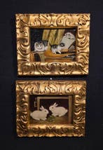 Franse school (XX) - Coppia di dipinti, coniglietti e