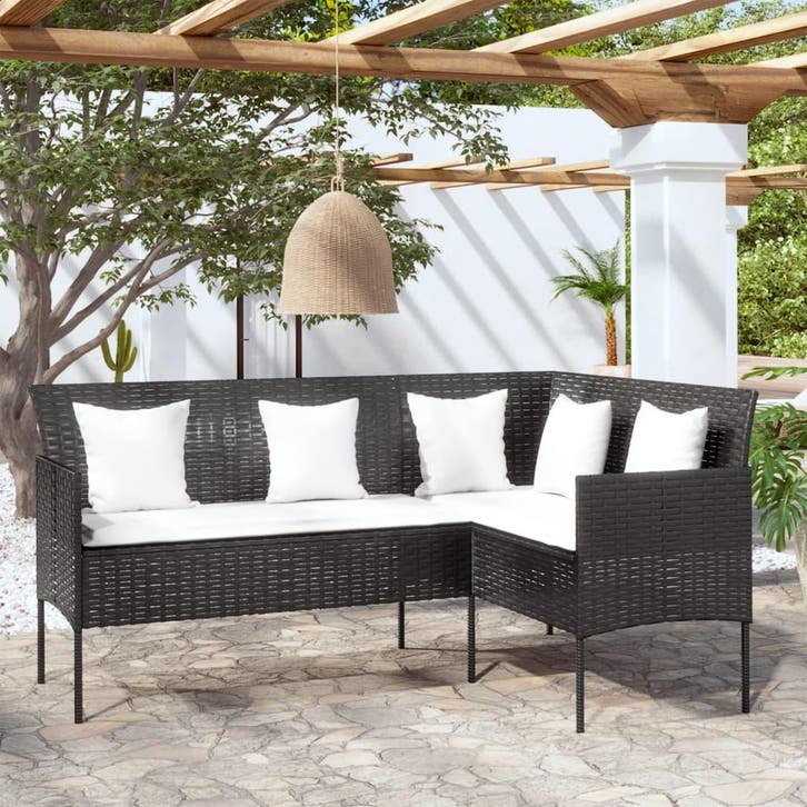 vidaXL Loungebank met kussens L-vormig poly rattan zwart, Tuin en Terras, Tuinsets en Loungesets, Nieuw, Verzenden
