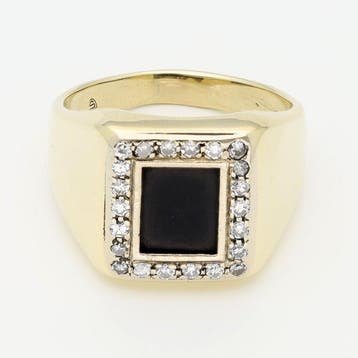 Bague - 14 carats Or jaune Onyx - Diamant, Nieuw