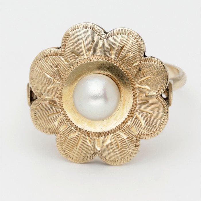 Ring - 14 karaat Geel goud Parel, Handtassen en Accessoires, Ringen