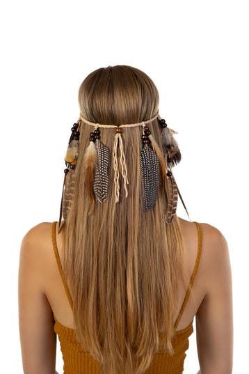 KIMU® Hoofdband Veren Bruin Beige Ibiza Hippie Indiaan Haarb, Ophalen of Verzenden