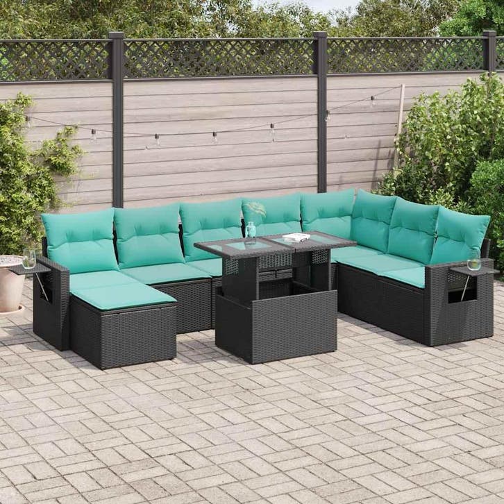 vidaXL 9-delige tuinbankset met kussens, zwart polyrotan en, Jardin & Terrasse, Ensembles de jardin, Envoi