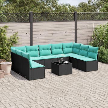 vidaXL 10-delige tuinbankset met kussens van zwart polyrotan, Verzenden, Nieuw