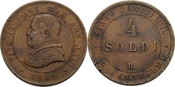 4 Soldi 1869, Italien-kirchenstaat/vatikanstadt Pius Ix 1..., Verzenden, België