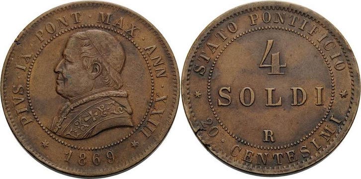 4 Soldi 1869, Italien-kirchenstaat/vatikanstadt Pius Ix 1..., Postzegels en Munten, Munten | Europa | Niet-Euromunten, België