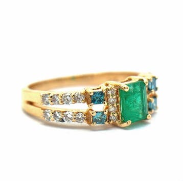 Ring - 14 karaat Geel goud - 1.06ct. tw. Smaragd - Diamant