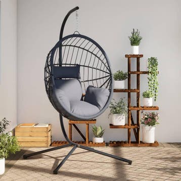 vidaXL Hangstoel met standaard rattan en staal lichtgrijs, Verzenden