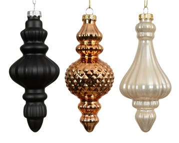 Glazen Ornament Zwart Opaal Brons 15 cm Set van 3, Nieuw