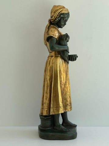 Beeld, Meisje met kat - 43 cm - Gips, Antiek en Kunst