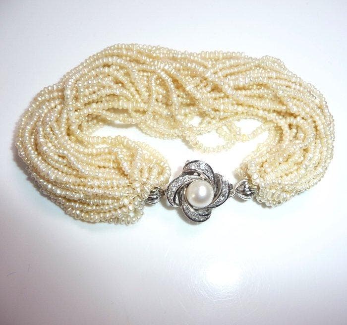 Armband - 14 karaat Witgoud - 0.20ct. tw. Parel - Diamant -, Bijoux, Sacs & Beauté, Bracelets