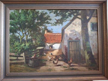 Anton Funke Kupper (1869-1955) - Boerderij met kippen, Antiek en Kunst