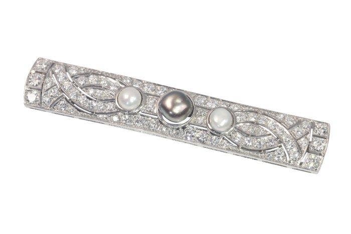 Broche Platine - 3.28ct. tw. Diamant (Naturelle) - Perle -, Handtassen en Accessoires, Antieke sieraden