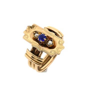 18 Krt. vintage gouden ring met parel en blauwe zirconia, Handtassen en Accessoires, Ringen, Gebruikt, Ophalen of Verzenden, 17 tot 18