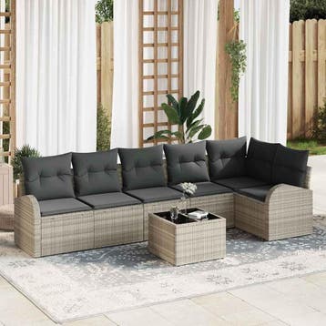 vidaXL Tuinbank Set met kussen 7 pcs Lichtgrijs Poly rattan, Verzenden, Nieuw