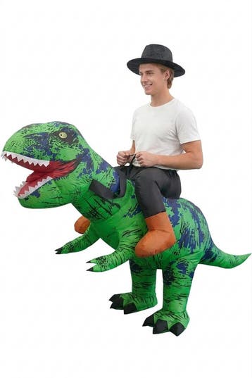 KIMU® Opblaas Kostuum Rijdend op T-Rex Groen Opblaasbaar Pak, Ophalen of Verzenden, Nieuw