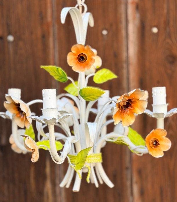 Lampe à suspendre - Métal, Émail - Lustre vintage en tôle –, Antiek en Kunst, Curiosa en Brocante