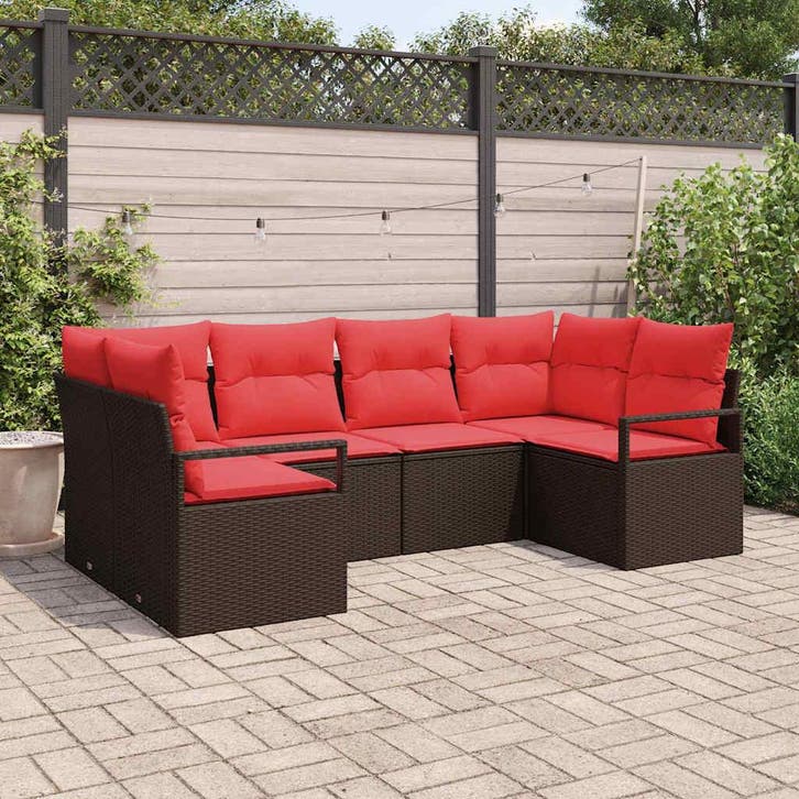 vidaXL Bankstel met kussen 6 pcs Bruin Poly Riet, Tuin en Terras, Tuinsets en Loungesets, Nieuw, Verzenden