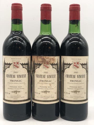 3 x 75cl Chateau Vincent Fronsac 1983 (Bordeaux, rood), Ophalen of Verzenden, Rode wijn