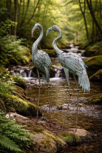Sculpture, set van 2 zeer grote metalen reigers - 1.42 cm -